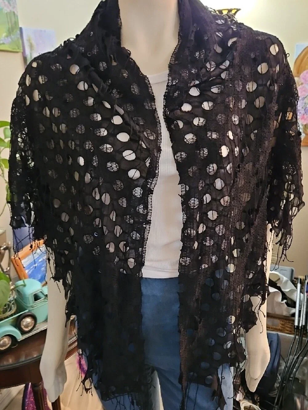 Black Openwork Fringe Shawl Wrap - Picture 2 of 3
